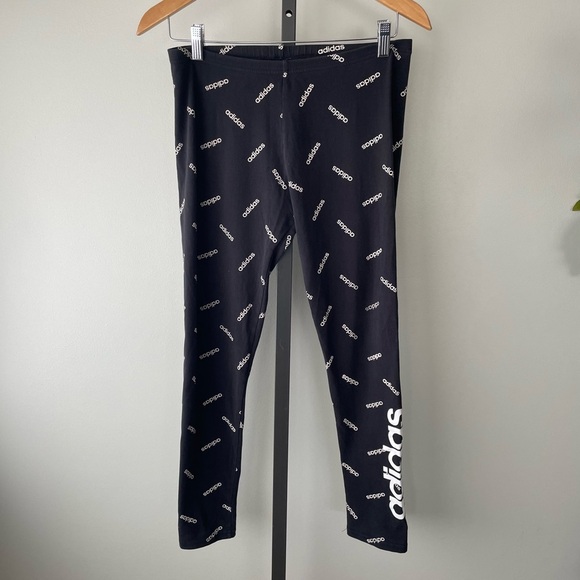 Adidas AOP Tight All Over Printer Logo Legging Pant Black White Midrise Medium - Picture 2 of 10